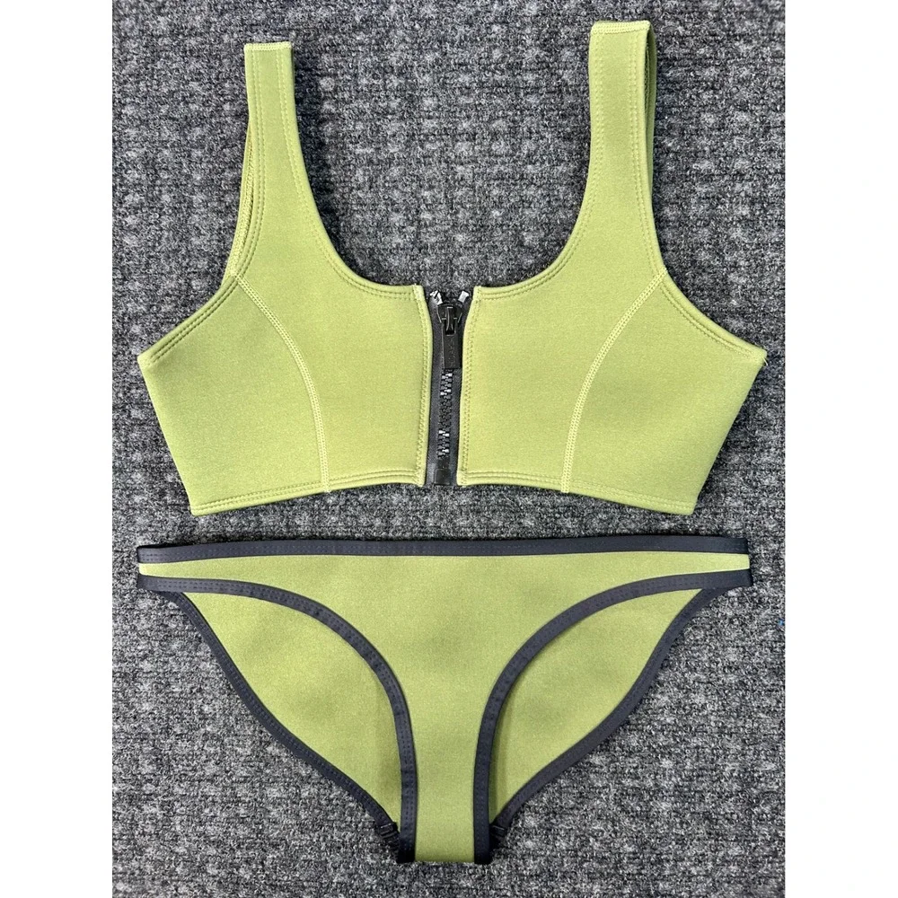New Hoaka Swimwear Neoprene Bikini Set Olive Green Zip Front Sporty Med Women